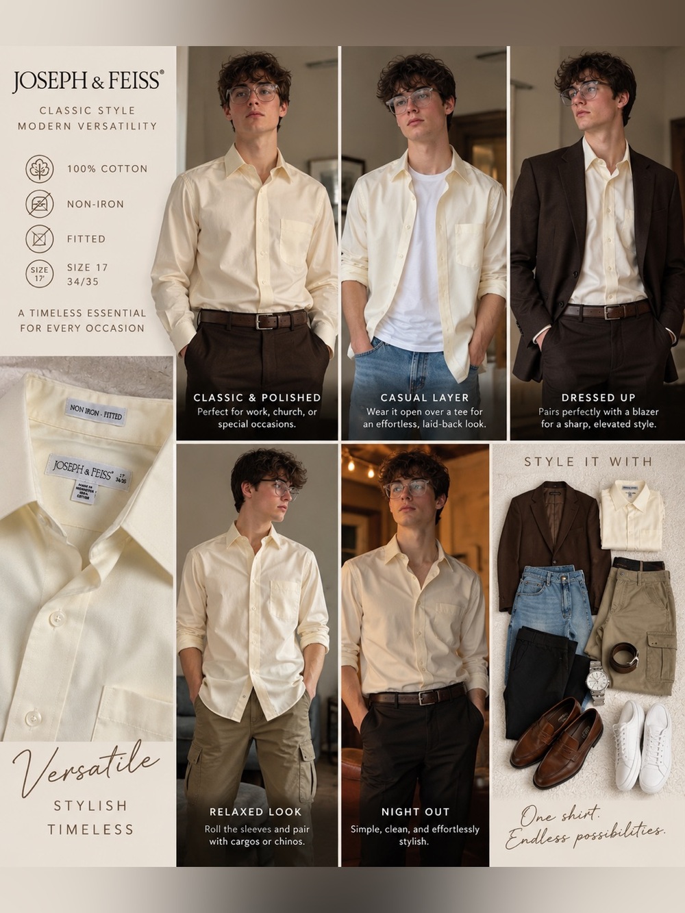 Joseph & Feiss Men’s 17 34/35 Ivory Cream Non-Iron Fitted Dress Shirt